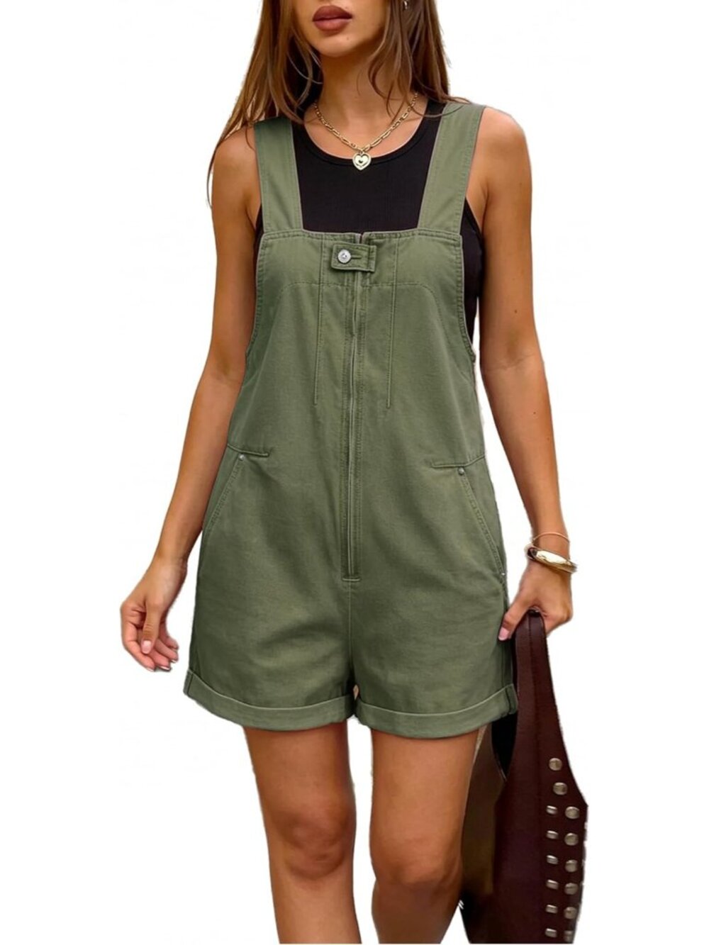 Women's Army Green Summer Front Zip Cuffed Hem Shorts Coveralls Denim Jumper